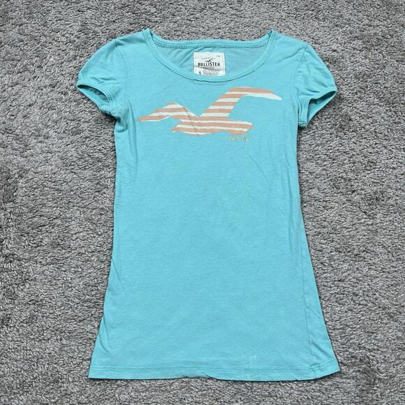 Vintage Y2K Hollister Teal Bird Logo Fitted Short Sleeve Shirt Womens Small - Picture 1 of 7